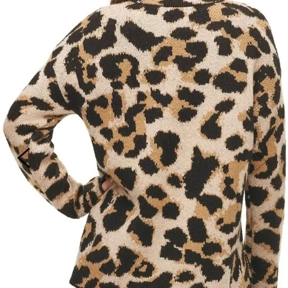 Dkny Women's Tan and Black Leopard Print Pull Over Turtleneck Sweater Size XL